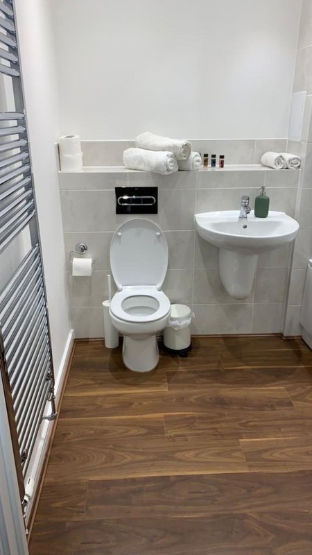 Small bathroom with toilet, pedestal sink, wooden floor and wall-mounted shelf with towels