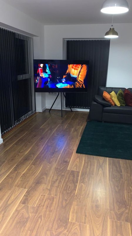 Living room with TV on stand, black sofa, wooden floor and pendant light