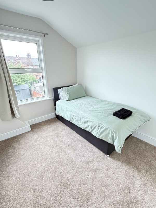 Bright bedroom with single bed, green bedding, window with view, and beige carpet