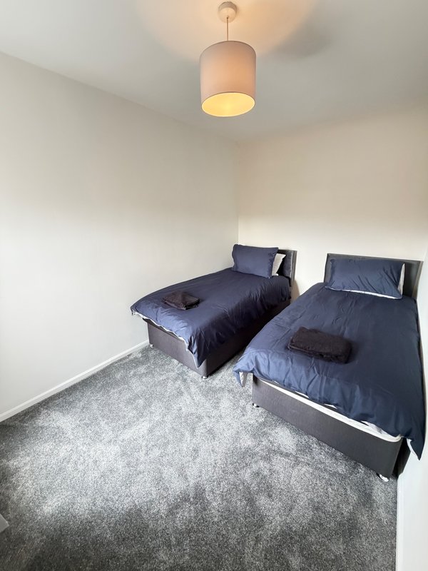 Bedroom with two single beds, grey carpet, pendant light fixture and white walls