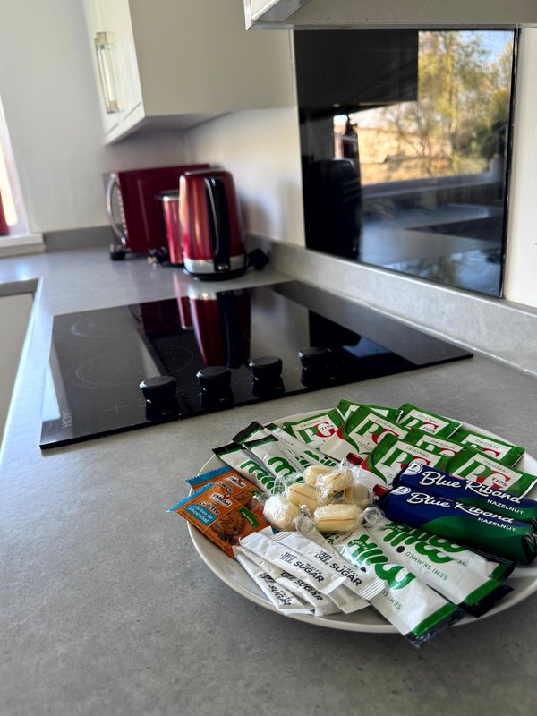 Modern kitchen with black cooktop, red kettle, groceries on counter, and garden view through door