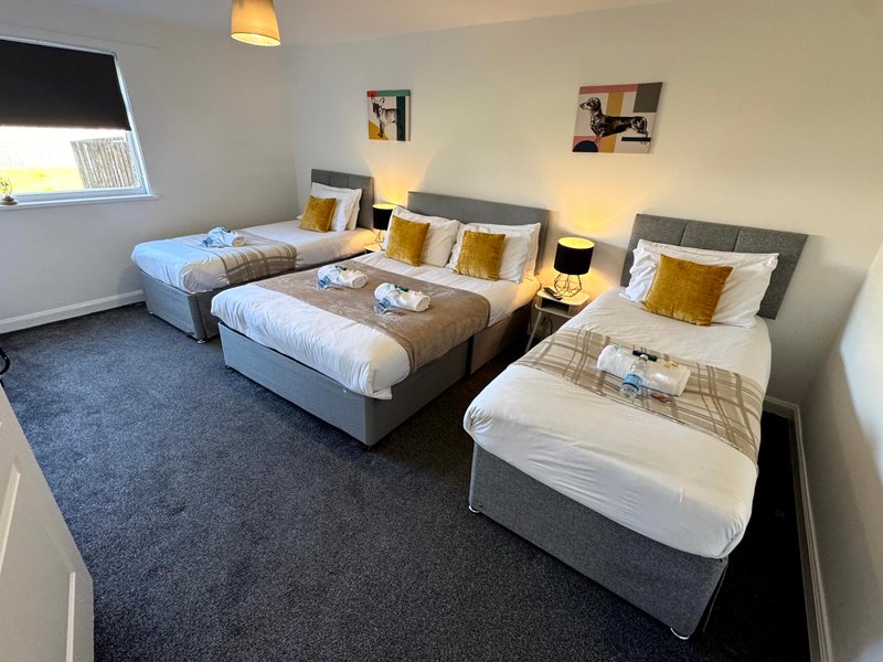 Triple bedroom with three single beds, gold cushions, dark carpet and pendant lighting