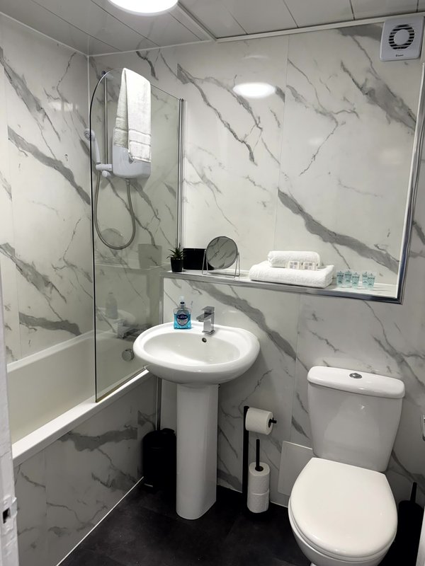 Modern bathroom with marble-effect tiling, walk-in shower, pedestal sink and toilet