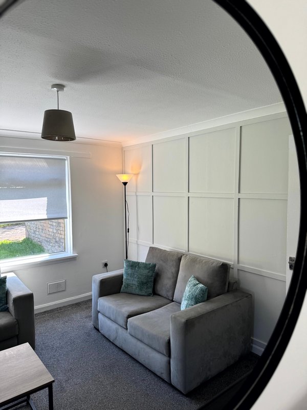 Living room with gray sofa, floor lamp, pendant light, and paneled wall feature