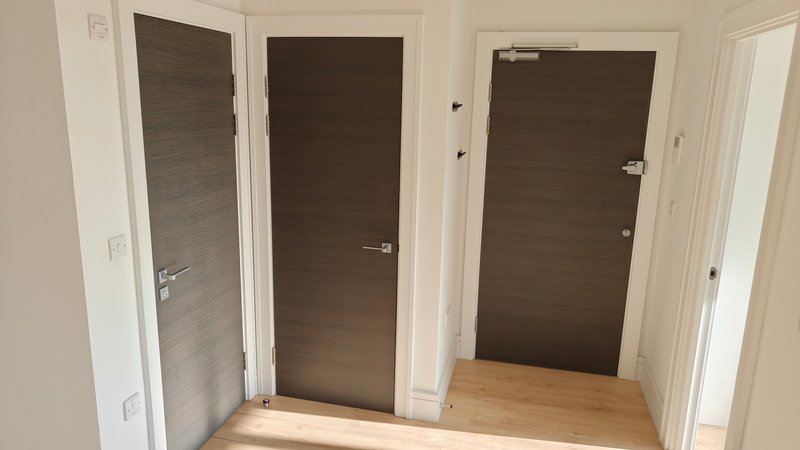 Hallway with three dark wooden interior doors, white frames, and wooden flooring