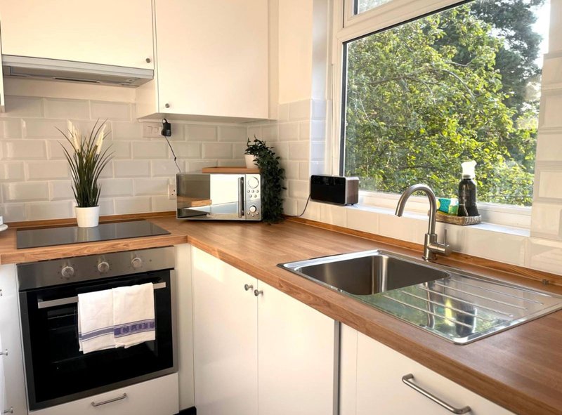 Modern kitchen with white cabinetry, wooden countertop, stainless steel sink and appliances, garden view