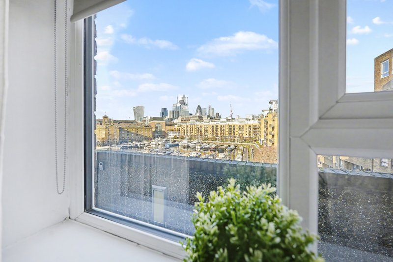 Large window with city skyline view, potted plant on sill, white frame
