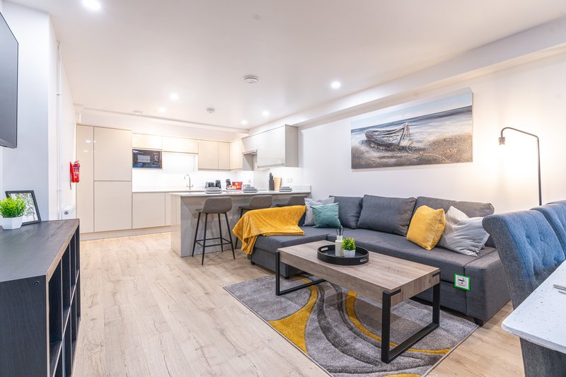 Open-plan living area with kitchen, dining counter, sofa with cushions and wooden coffee table