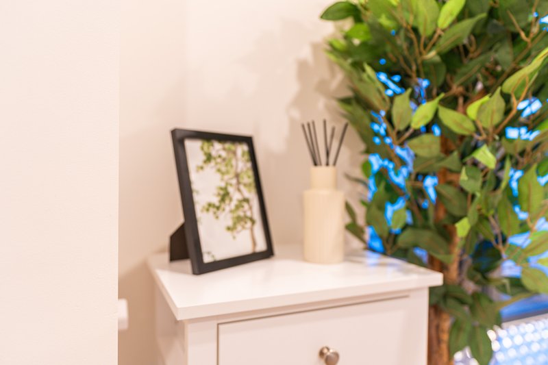 White dresser with framed botanical print, reed diffuser, and potted plant with blue flowers