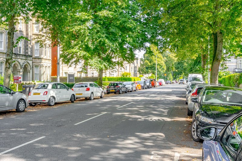 Tree-lined residential street with parked cars and Victorian-style buildings