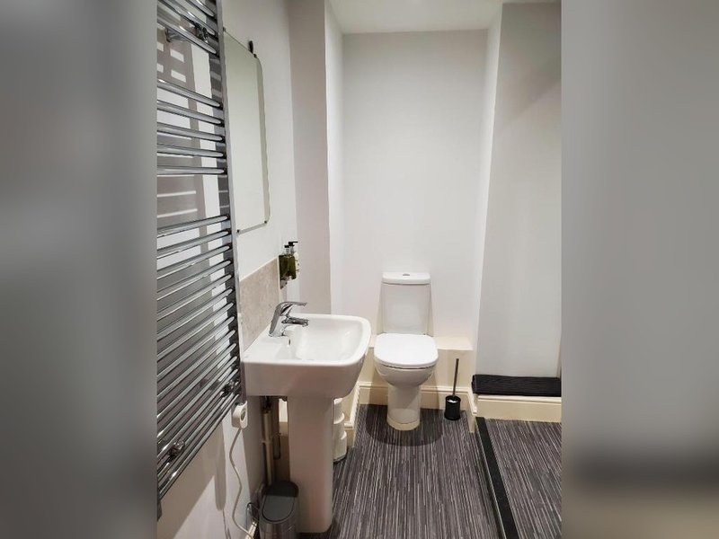 Small bathroom with pedestal sink, toilet, towel radiator and striped flooring