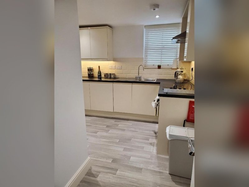 Modern kitchen with white cabinetry, black countertop, stainless steel appliances and wooden flooring