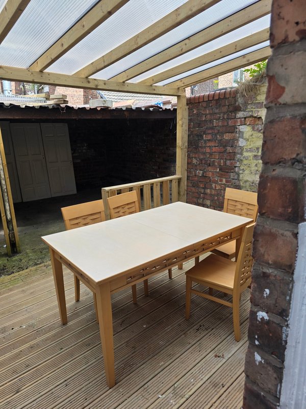 Covered outdoor patio with wooden dining table, chairs, and brick walls