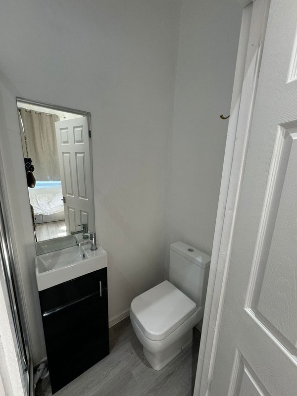 Small bathroom with toilet, black vanity sink, mirror and white door