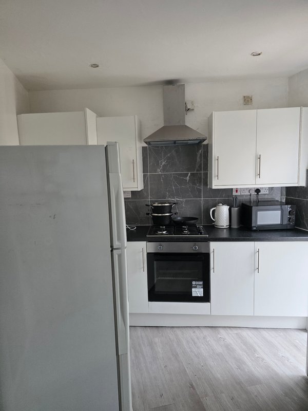 Modern kitchen with white cabinetry, black marble splashback, stainless steel appliances and light flooring