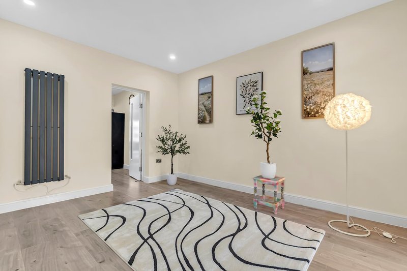 Bright modern living room with patterned rug, potted plants, framed wall art and floor lamp