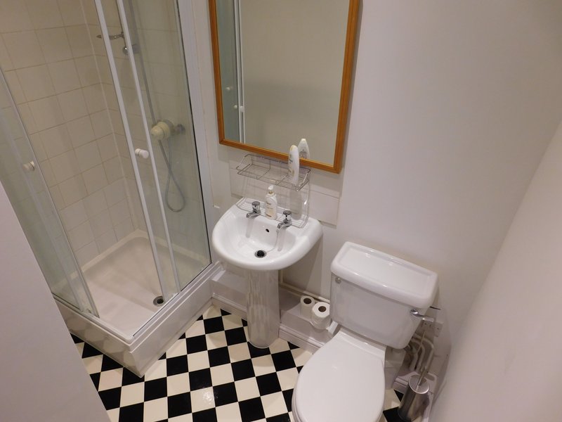 Small bathroom with pedestal sink, toilet, shower enclosure and black-white checkered floor