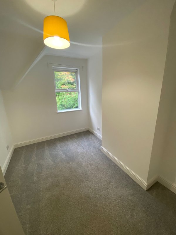 Empty bedroom with grey carpet, white walls, yellow pendant light and window