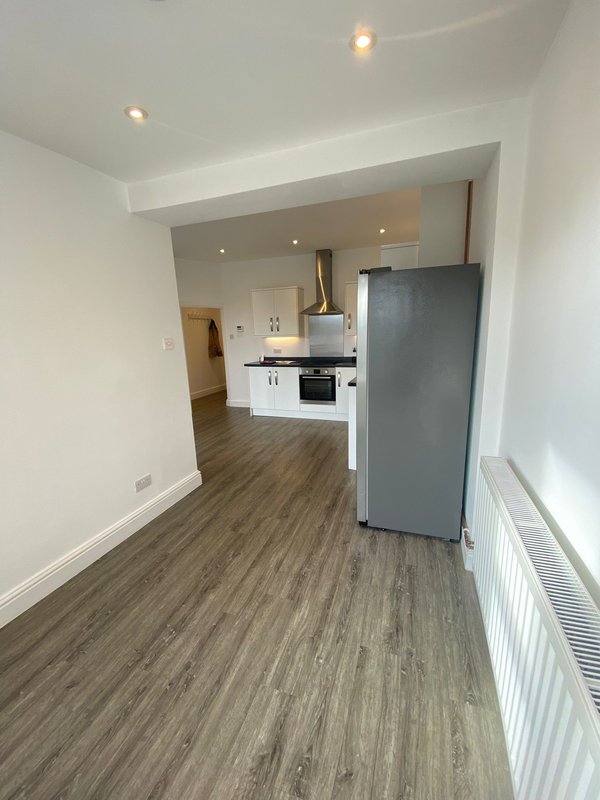 Modern open-plan kitchen and dining area with white cabinetry, stainless steel appliances and wood-effect flooring