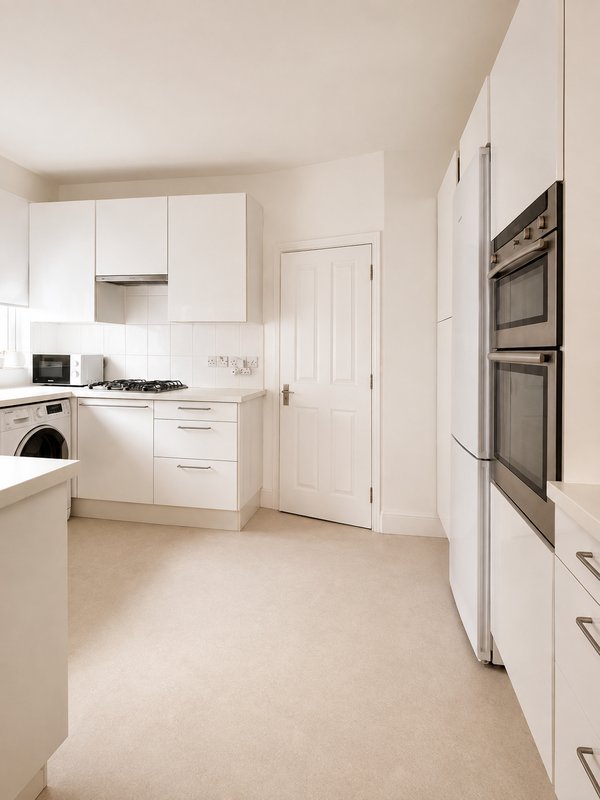 Modern white kitchen with integrated appliances, gas hob, and cream tile flooring