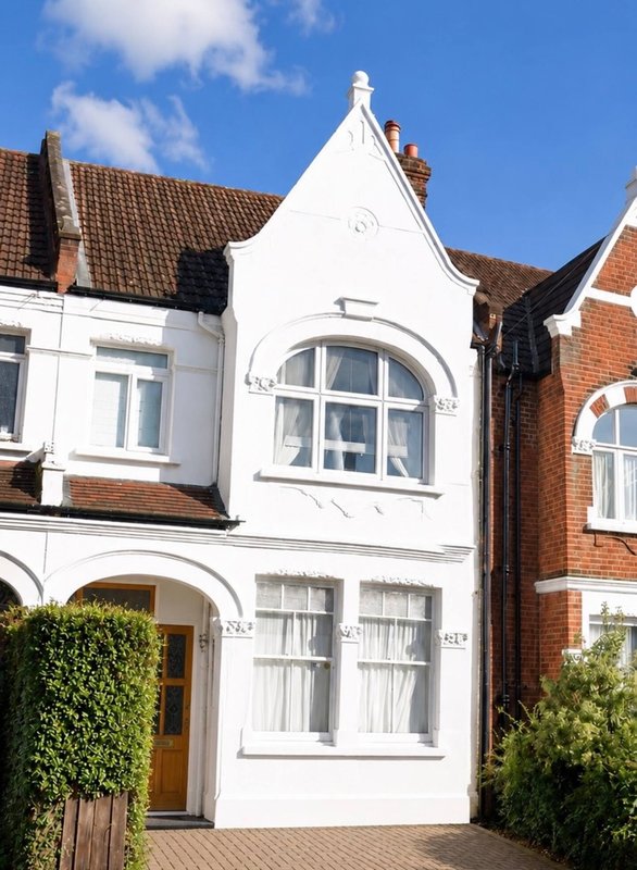 White-fronted terraced house with arched window, brown door, and ivy-covered walls