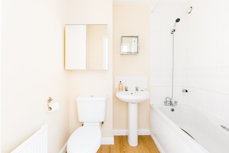 Small bathroom with toilet, pedestal sink, mirror cabinet and wooden flooring