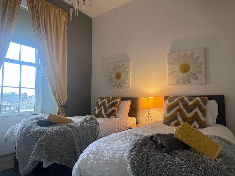 Twin bedroom with grey upholstered beds, daisy artwork, bedside lamps and city view window