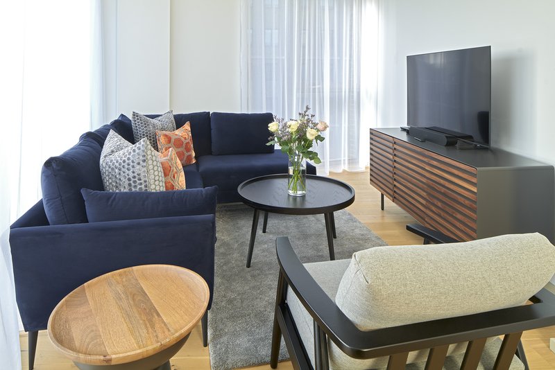 Modern living room with navy sofa, wooden coffee table, TV, and large windows