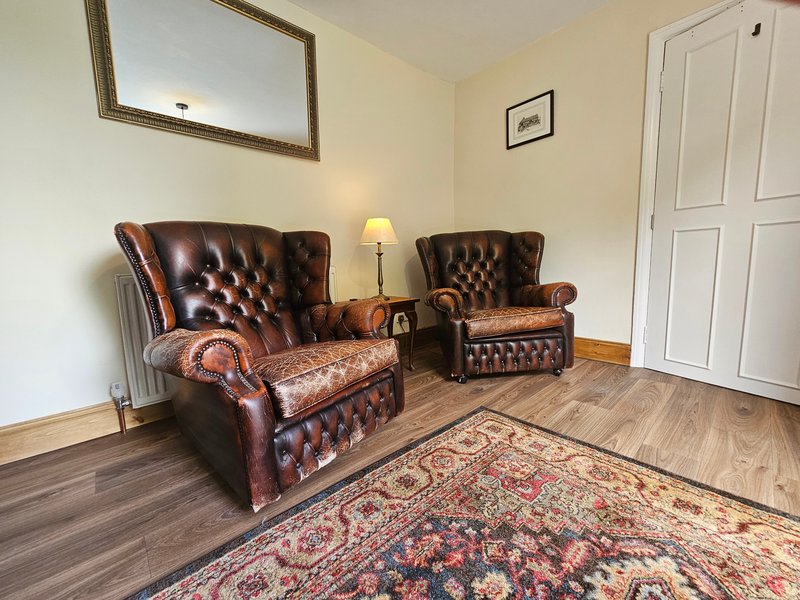 Living room with two brown leather wingback chairs, small table, lamp, and patterned area rug