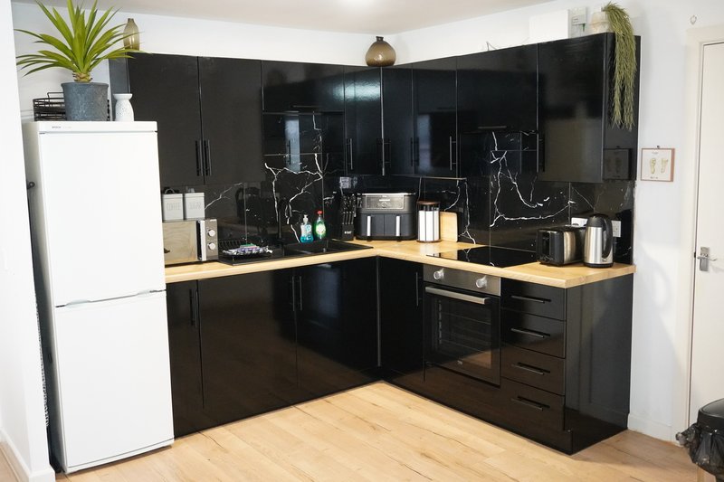 Modern kitchen with black cabinetry, wooden countertops, white refrigerator and stainless steel appliances