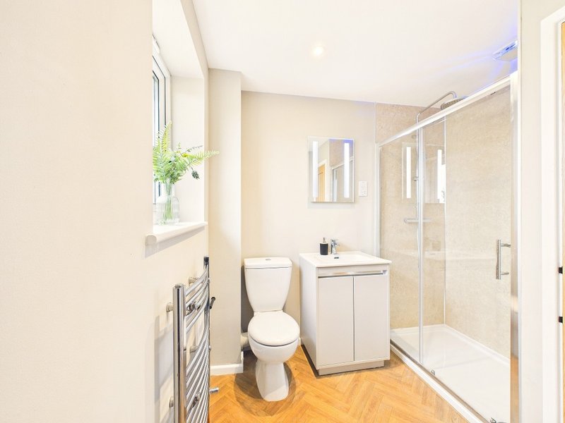 Modern bathroom with toilet, vanity sink, shower enclosure and wooden flooring