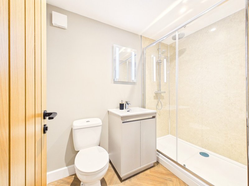 Modern bathroom with toilet, vanity sink, mirror and enclosed shower enclosure