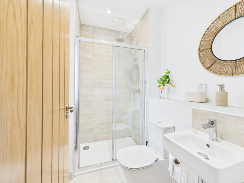 Modern bathroom with walk-in shower, white sink, toilet, woven mirror and wooden door