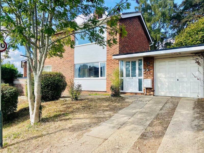 Brick detached house with driveway, garage, and front garden with trees