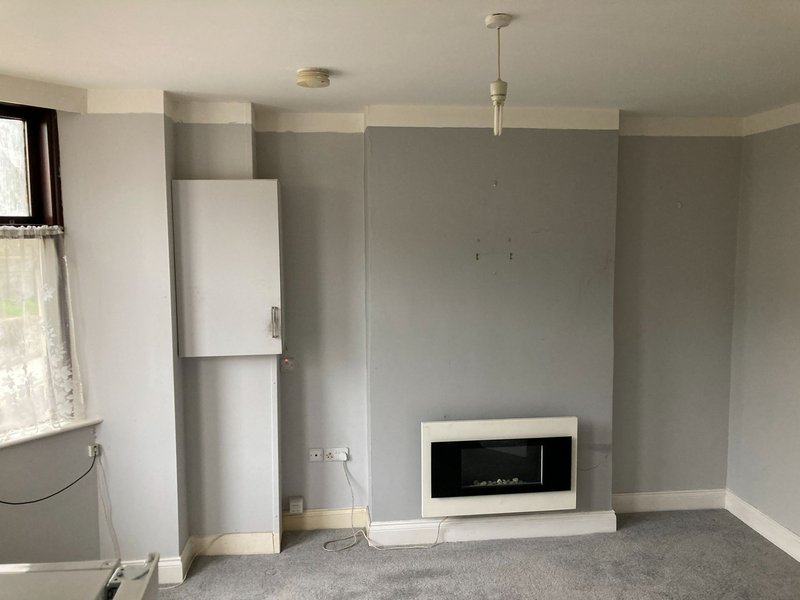 Living room with gray walls, fireplace insert, pendant light, and window