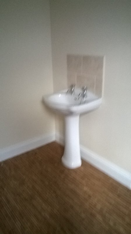 Bathroom with white pedestal sink and mirror, wooden floor, plain walls