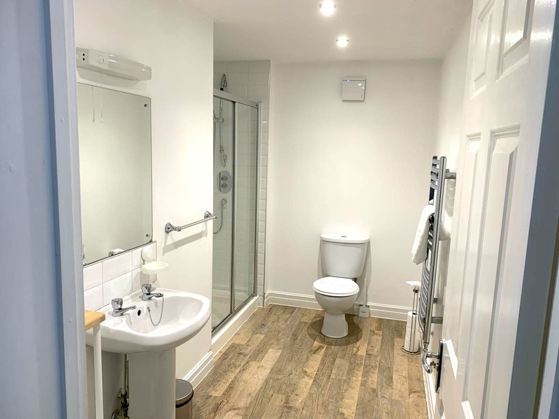 Modern bathroom with white sink, toilet, walk-in shower, heated towel rail and wooden floor
