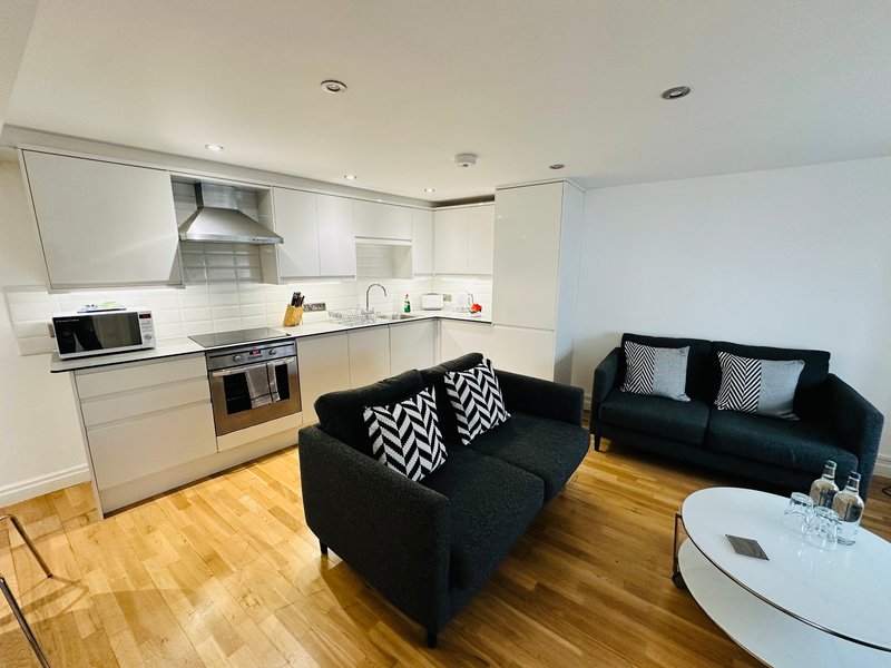 Modern open-plan kitchen and living area with white cabinetry, black sofas and wooden flooring