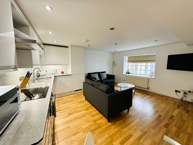 Open-plan kitchen and living area with white cabinetry, black sofa, wooden flooring and wall-mounted TV