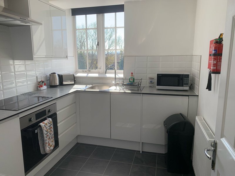 Modern kitchen with white cabinetry, microwave, kettle, and window overlooking garden