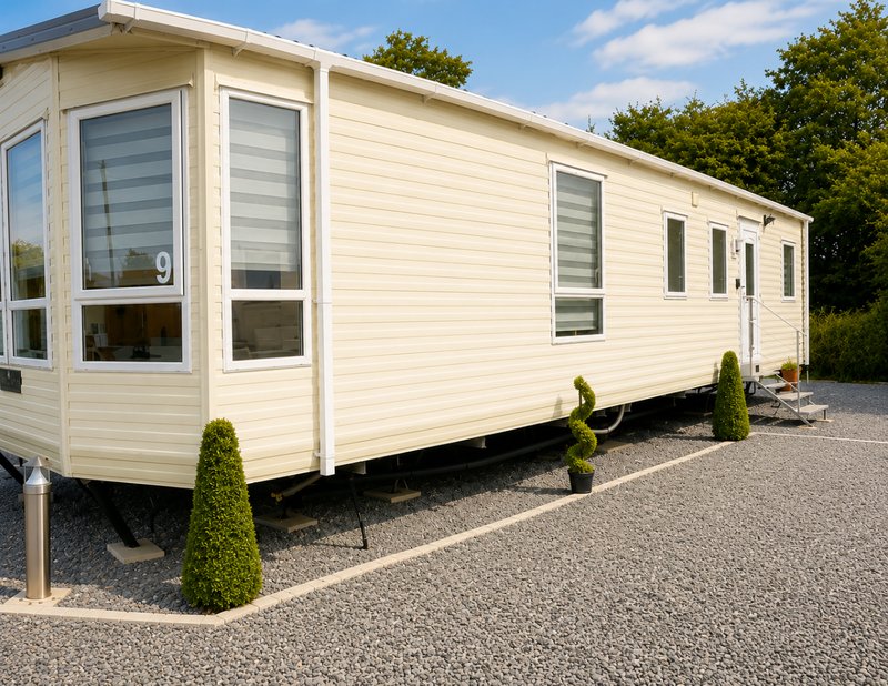 Cream-coloured mobile home with large windows, landscaped gravel forecourt and topiary plants