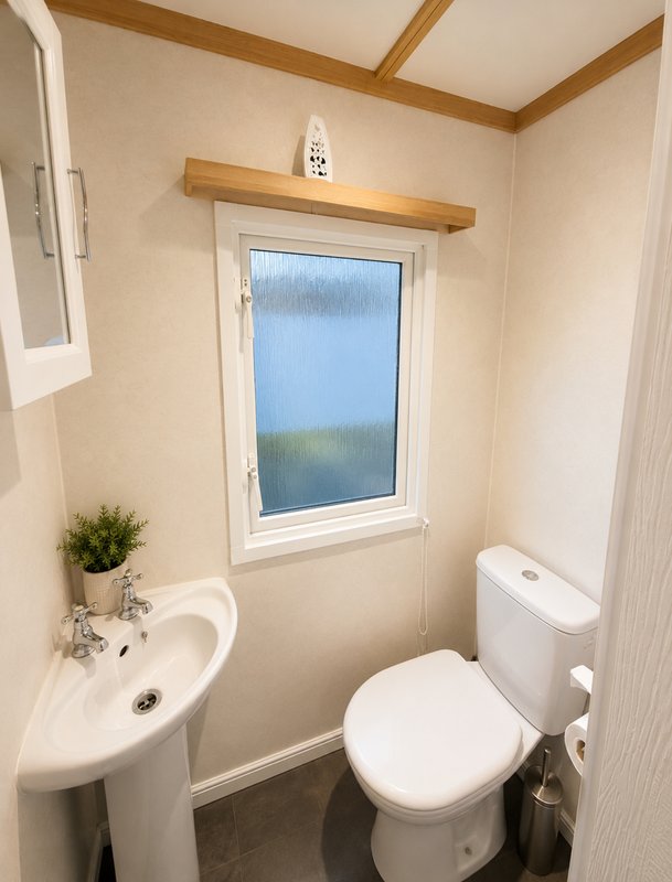 Small bathroom with corner sink, toilet, window, and wooden shelf above
