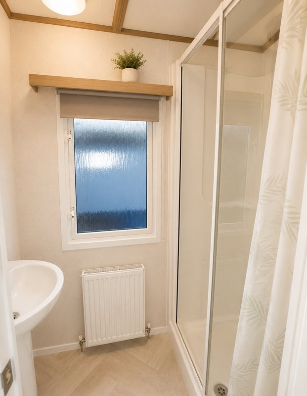 Modern bathroom with shower enclosure, sink, radiator and small window