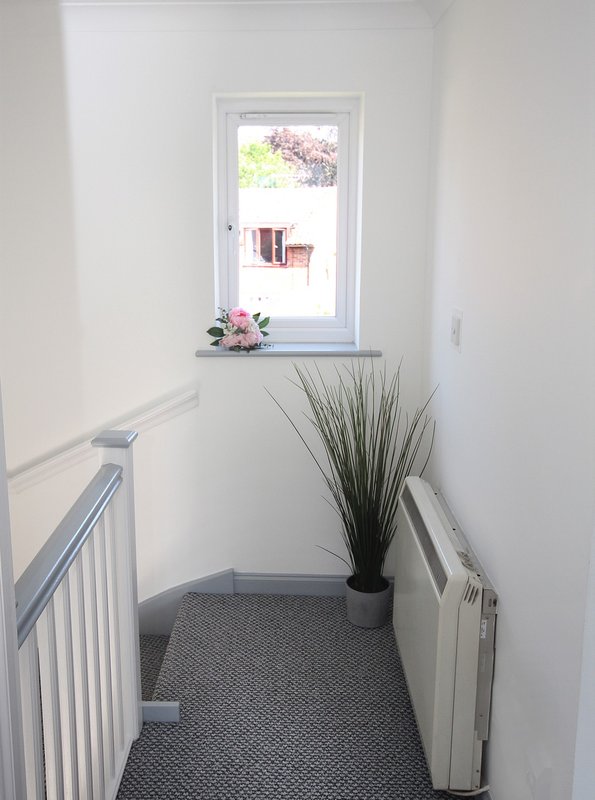 Bright hallway with white walls, radiator, potted plant, and door with garden view