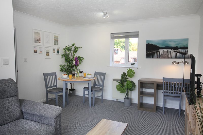 Open-plan living area with dining table, chairs, sofa, plants and landscape artwork on walls