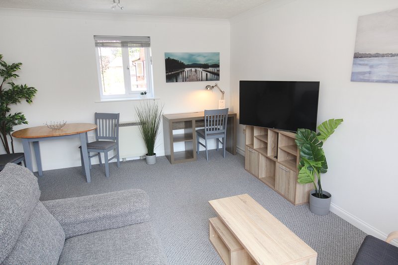 Open-plan living room with grey sofa, TV unit, desk area, and dining table by window