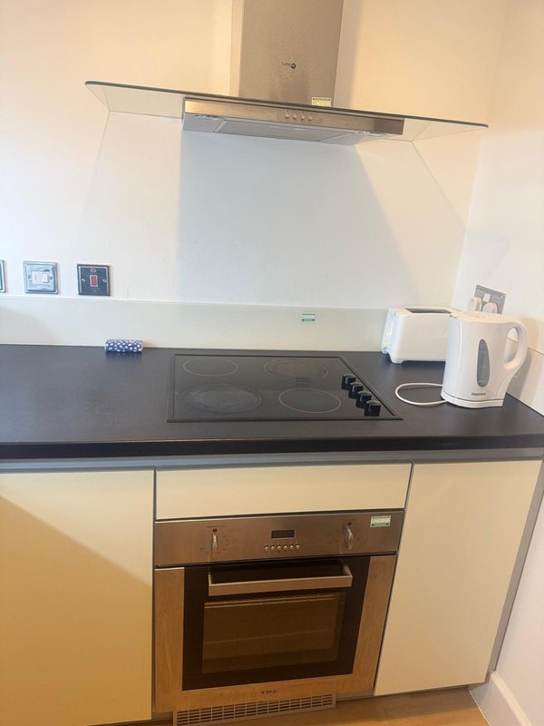 Modern kitchen with white cabinetry, black countertop, electric hob, and stainless steel extractor hood