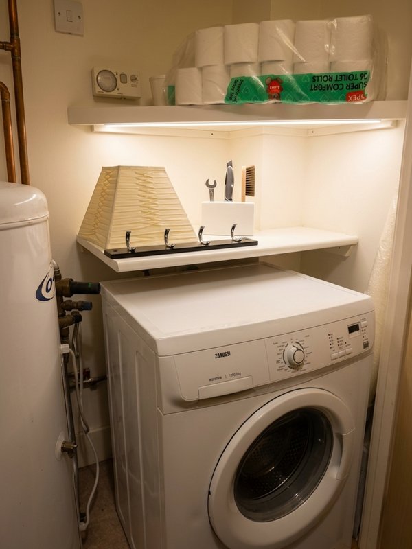 Compact laundry room with white washing machine, shelving above with toiletries and supplies
