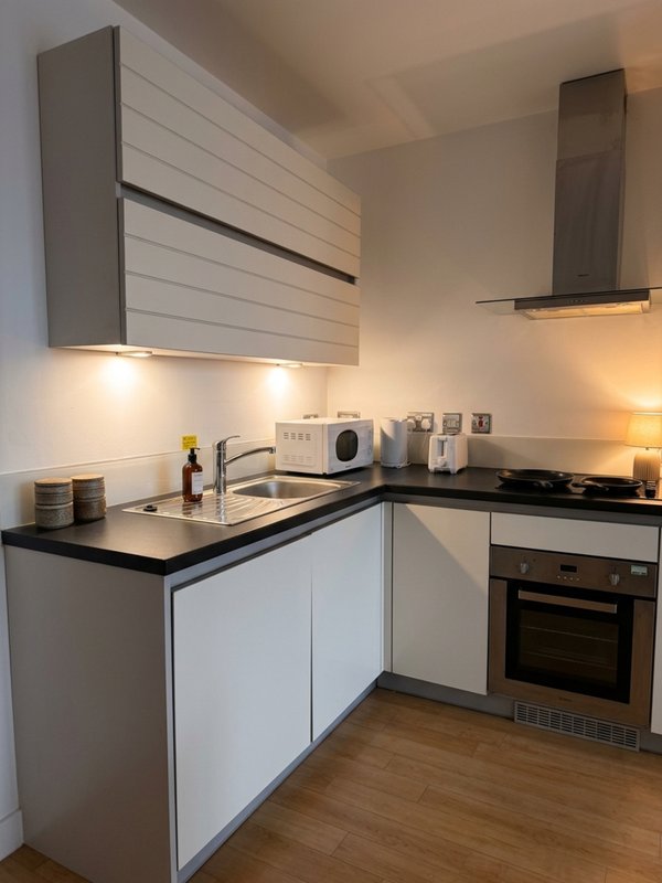 Modern kitchen with white cabinetry, black countertops, integrated appliances and wooden flooring
