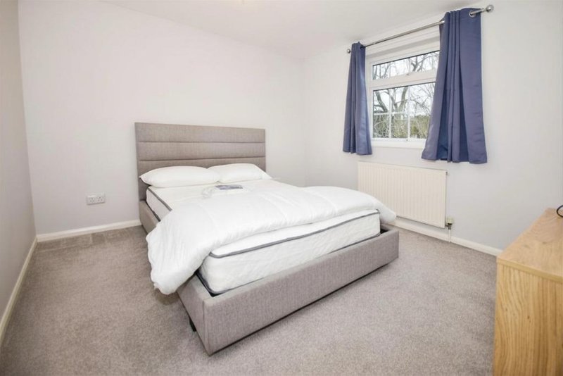 Bedroom with gray upholstered bed, white bedding, blue curtains, and carpet flooring